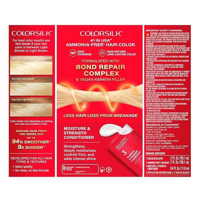Revlon ColorSilk with Bond Repair Complex, Blonde Permanent Hair Color, 100% Gray Coverage, Ammonia Free Hair Dye, Vegan Keratin, 03 Ultra Light Sun Blonde (Pack of 3)