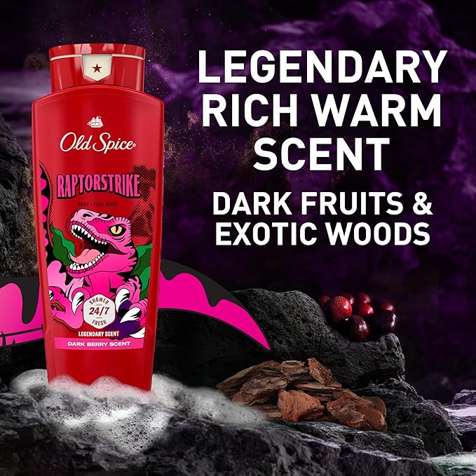 Old Spice Cleansing Body Wash for Men, 3X Defense, 24/7 Shower Fresh with Lasting Scent, 2-in-1 Body & Face Wash, Raptorstrike with Dark Berry Scent, 24 oz (Pack of 4)