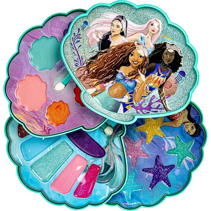 Townley Girl The Little Mermaid Clam Beauty Compact Set Kit with Lip Gloss Palette, Makeup Set for Kids Girls, Ages 3+ Perfect for Parties, Sleepovers and Makeovers