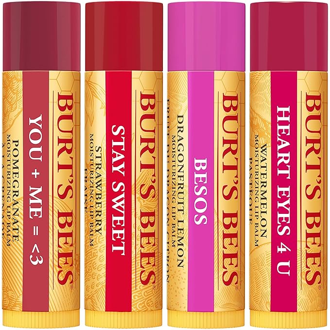 Burt's Bees Bee Mine Lip Balm Gift Set, Strawberry, Dragonfruit Lemon, Pomegranate and Watermelon, 4 Personalized Lip Balms, Pack May Vary