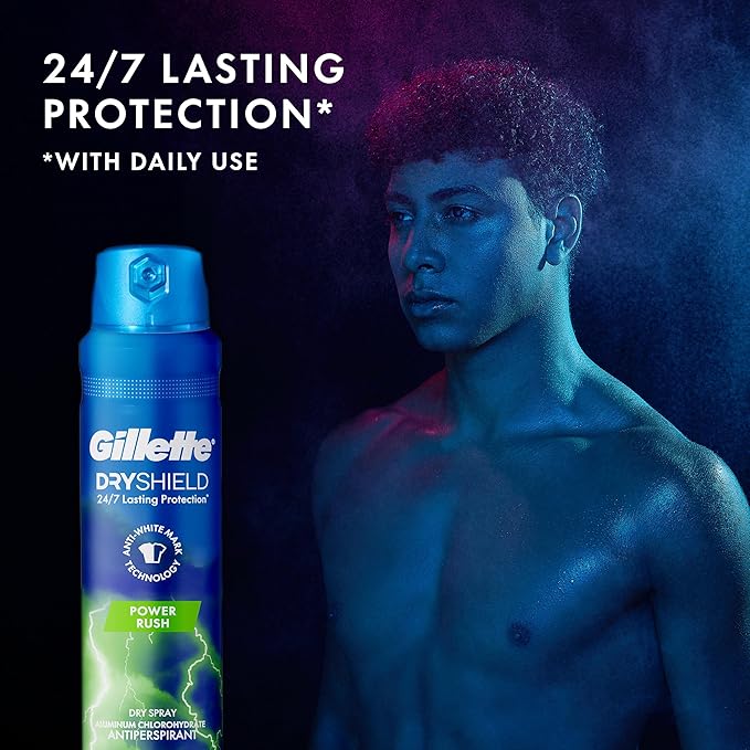 Gillette Dry Spray Antiperspirant and Deodorant for Men, 24/7 Sweat & Odor Protection, Anti-White Mark Technology, Power Rush Scent, 4.3 oz (Pack of 3)