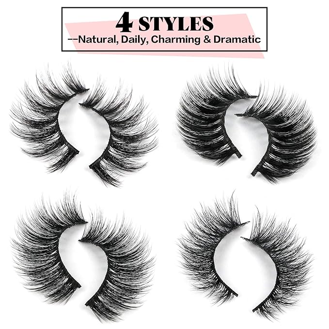 JIMIRE 20 Pairs False Eyelashes 4 Styles Mink Eyelashes Fluffy Pack 3D Volume Faux Mink Cat Eye Lashes Pack