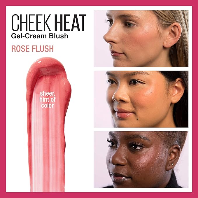 Maybelline Cheek Heat Gel-Cream Blush Makeup, lightweight, Breathable Feel, Sheer Flush Of Color, Natural-Looking, Dewy Finish, Oil-Free, Rose Flush, 1 Count