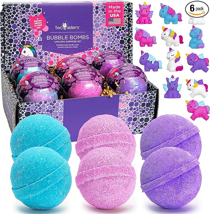 Unicorn Bath Bombs for Girls with Surprise Toys Inside (6 Pack) - Large Bubble Bomb for Kids, Gentle and Safe, Made in USA, Fizzies, Fruity Scents, Won't Stain Tub - Ideal Gift by Two Sisters