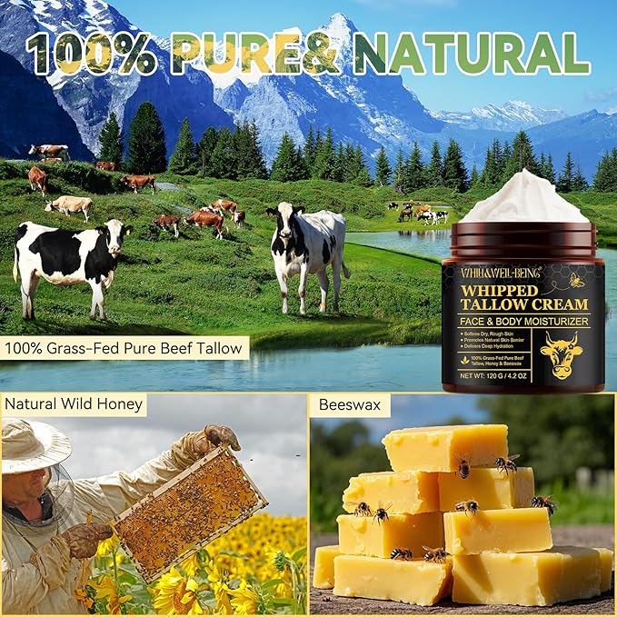 WHLH & WELL-BEING Beef Tallow for Skin, Beef Tallow and Honey Balm, Moisturizer for Face & Body Skin Care(1Pack)