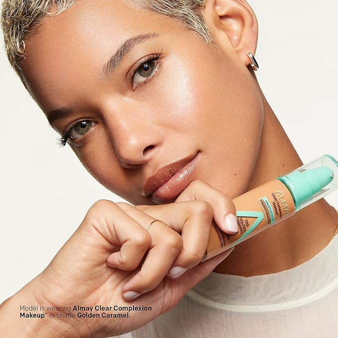 Almay Clear Complexion Acne Foundation Makeup with Salicylic Acid - Lightweight, Medium Coverage, Hypoallergenic, Fragrance-Free, for Sensitive Skin, 900 Mahogany, 1 fl oz.