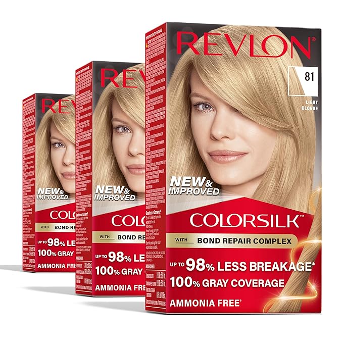 Revlon ColorSilk with Bond Repair Complex, Blonde Permanent Hair Color, 100% Gray Coverage, Ammonia Free Hair Dye, Vegan Keratin, 81 Light Blonde (Pack of 3)