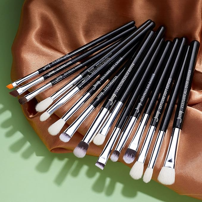 Jessup Eye Makeup Brushes Set Professional 15pcs with Eyeshadow Blending Concealer Eyebrow Eyliner Brush (Pearl Black/Silver)