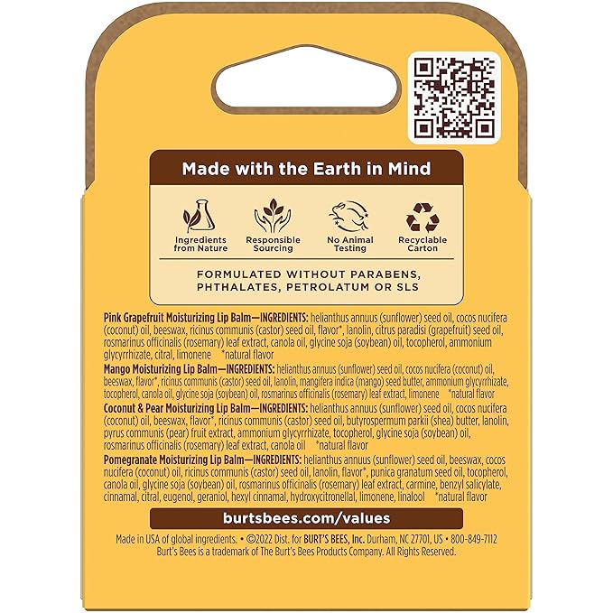 Burt's Bees Lip Balm - Pink Grapefruit, Mango, Coconut & Pear, and Pomegranate Pack, Lip Moisturizer With Beeswax, Tint-Free, Natural Origin Conditioning Lip Treatment, 4 Tubes, 0.15 oz.