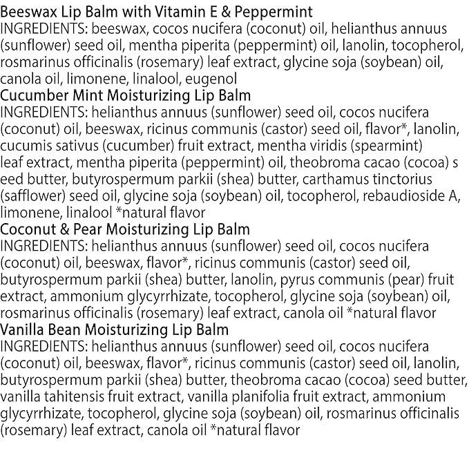 Burt's Bees Lip Balm - Beeswax, Cucumber Mint, Coconut & Pear, and Vanilla Bean Pack, With Responsibly Sourced Beeswax, Tint-Free, Natural Origin Lip Treatment, 4 Tubes, 0.15 oz.