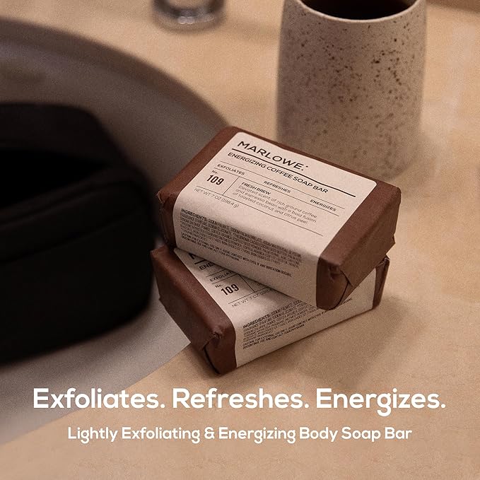MARLOWE. No. 109 Coffee Bar Soap 7 oz (3 Bars), Body Scrub Soap for Men, Refreshing, Energizing & Exfoliating with Natural Extract, Caffeine, Coffee Bean & Cocoa Butter, Fresh Brewed Scent