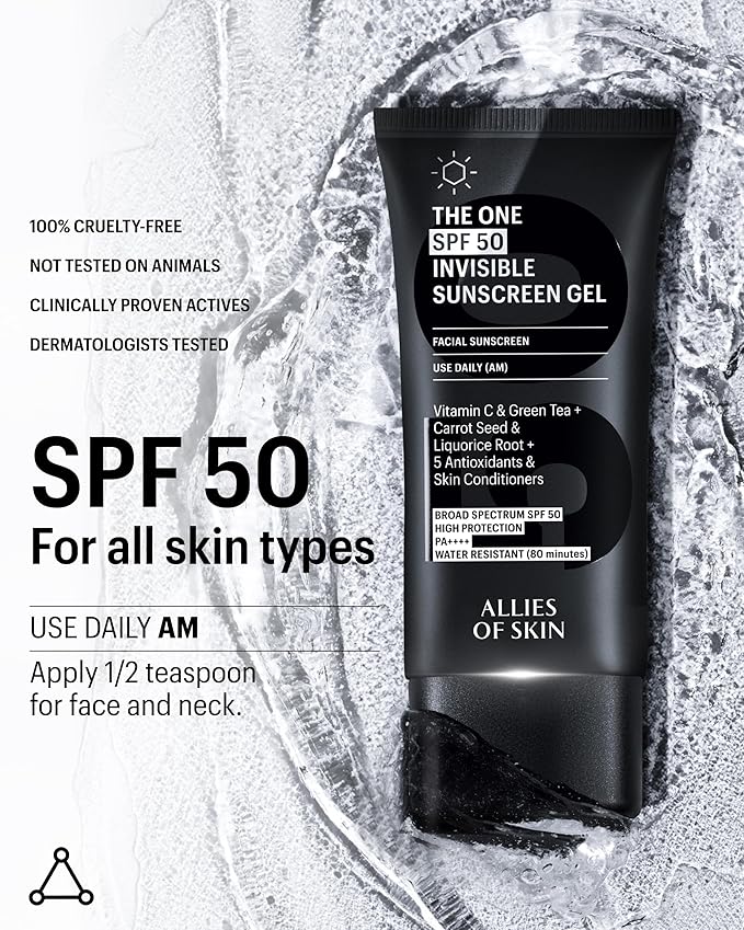 Allies of Skin Daily Face Sunscreen SPF 50 | Zero White Cast Lightweight Gel Formula | Dermatologist Tested Under Makeup Primer| Water-Resistant & PA++++ Broad Spectrum UVA/UVB (1.7 oz)
