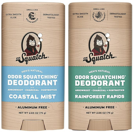 Dr. Squatch Natural Deodorant for Men - Odor-Squatching Aluminum Free - Coastal Mist & Rainforest Rapids (2.65 oz, 2-Pack)