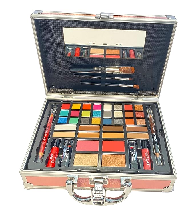 BR Carry All Trunk Professional Makeup Kit - Eyeshadow, Eyeliner, Lip Stick All In One Clear Case (RedCase)